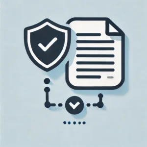 Icon of a shield with a check mark next to a document with text lines, connected by lines and dots to another check mark, representing security and verification.