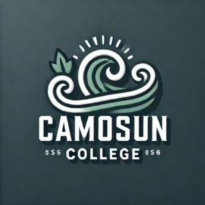 "Camosun College Logo" by ChatGPT Synthetic logo for Camosun College featuring a stylized wave with a leaf and sunburst design above it. The text ‘Camosun College’ is prominently displayed below the wave in white font on a dark background..