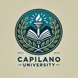 "Capilano University Logo" by ChatGPT A modern and elegant logo for Capilano University. The design features elements symbolizing knowledge, growth, and excellence, such as a laurel wreath, book, and torch. The logo uses a professional color scheme with shades of blue and green, conveying trust and prestige. The background is simple and neutral, making the logo stand out prominently. There are no letters or text included in the design.