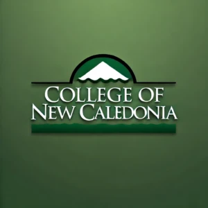 "College of New Caledonia Logo" by ChatGPT Synthetic logo for the College of New Caledonia featuring a stylized mountain peak and wavy lines representing water, enclosed within a semicircle. The text ‘College of New Caledonia’ is prominently displayed below the design in white font on a green background.
