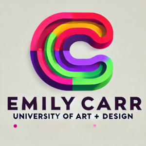 "Emily Car Logo" by ChatGPT Synthetic logo of Emily Carr University of Art + Design featuring a multicolored, stylized 'C' above the university name in bold, black letters.