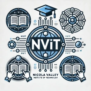 "NVIT Logo" by ChatGPT Synthetic logo of Nicola Valley Institute of Technology (NVIT) featuring a central globe with "NVIT" text, surrounded by symbols of open books, a graduation cap, interconnected nodes, and hands pointing at books. The full name is displayed at the bottom.