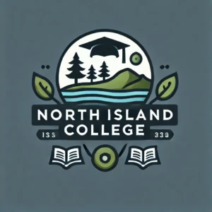 "North Island College Logo" by ChatGPT Synthetic logo of North Island College featuring trees, a hill, and water inside a circle with a graduation cap above. The text "North Island College" is prominently displayed with two open books and leaves on either side.