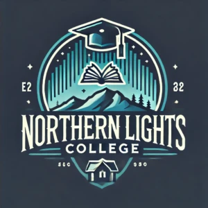 "Northern Lights College Logo" by ChatGPT Synthetic logo of Northern Lights College featuring a graduation cap, an open book, and mountains with trees. The text "Northern Lights College" is prominently displayed with the numbers "E2" and "82" on either side.