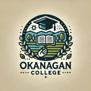 "Okanagan College Logo" by ChatGPT Synthetic logo of Okanagan College featuring a graduation cap, an open book, and a hand against a background of mountains, trees, and a sun. The image is framed by laurel branches. The text "Okanagan College" is prominently displayed below.