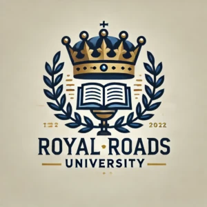 "Royal Roads University Logo" by ChatGPT Synthetic logo for Royal Roads University featuring a book in the center with laurel branches on either side. Above the book is a gold crown, and below it, there is a gold chalice. The text ‘Royal Roads University’ is displayed prominently below the emblem in a sophisticated and modern font. The logo uses shades of blue and gold, conveying a sense of tradition, knowledge, and excellence.