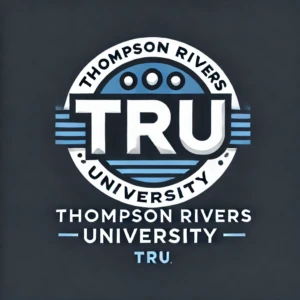 "TRU Logo" by ChatGPT Synthetic logo of Thompson Rivers University featuring a circular emblem with the initials 'TRU' in bold, white letters. The full university name is written around and below the emblem.