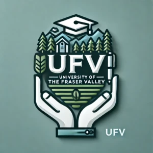 "UFV Logo" by ChatGPT Synthetic logo of University of the Fraser Valley (UFV) featuring a graduation cap, trees, a small building, and mountains. The text "UFV University of the Fraser Valley" is prominently displayed in the center, with two hands holding the design.