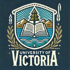 "University of Victoria Logo" by ChatGPT Synthetic logo of University of Victoria featuring an open book, a tree, mountains, and water inside a shield. Laurel branches and feathers are on either side, with the text "University of Victoria" below.