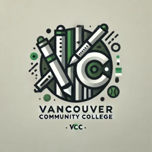 "VCC Logo" by ChatGPT Synthetic logo of Vancouver Community College featuring a circular emblem with a pen and pencil crossed to form the initials 'VCC.' The full college name is below the emblem.